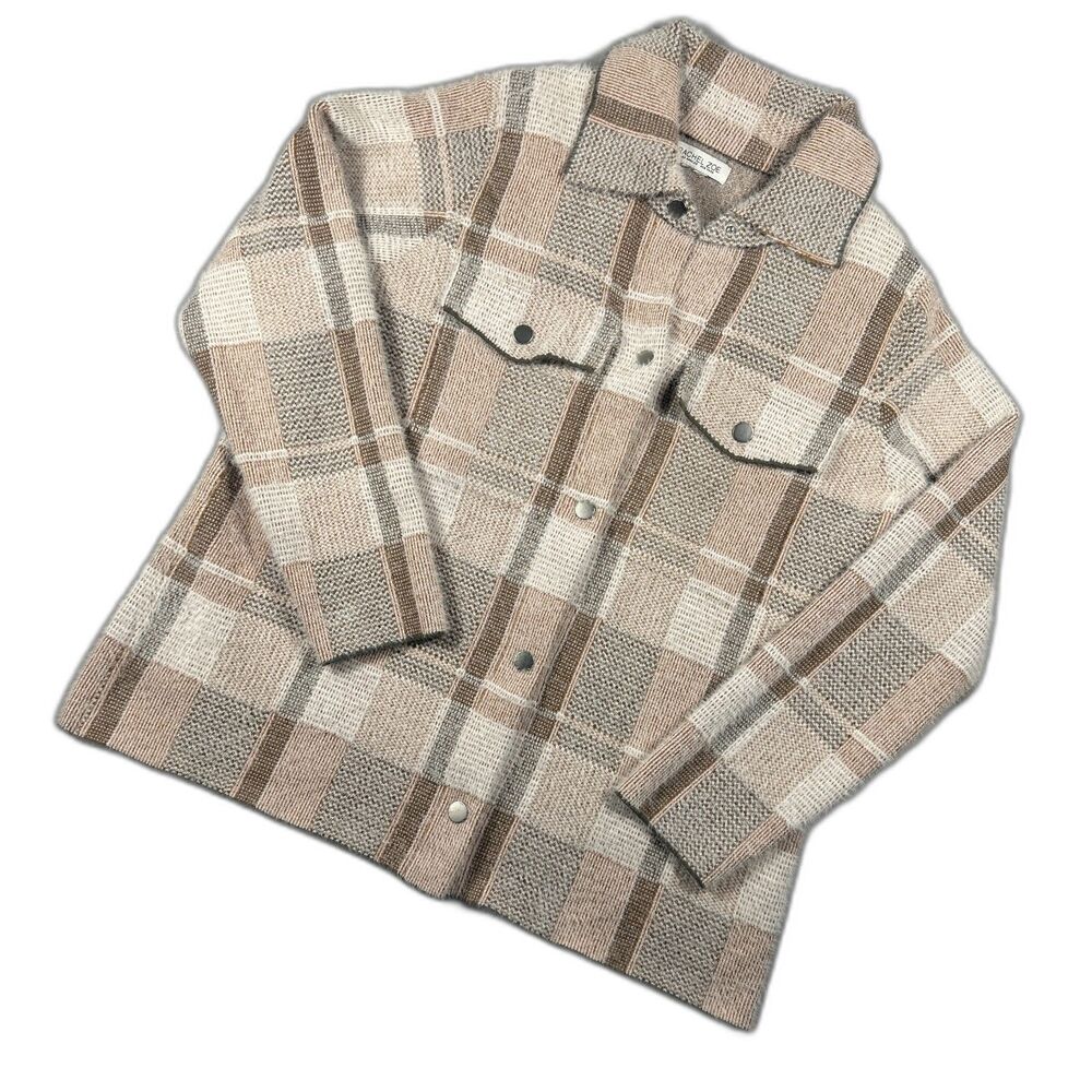 Rachel Zoe Plaid Eyelash Knit Snap Shacket Jacket Womens S/M Cozy Oversized